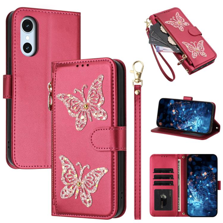 For Fujitsu Arrows We3 Glitter Butterfly Zipper Vegan Leather Phone Case with Wrist Strap(Rose Red)
