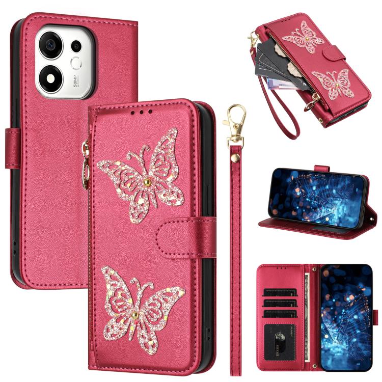 For Honor 600 Smart 5G Global Glitter Butterfly Zipper Vegan Leather Phone Case with Wrist Strap(Rose Red)