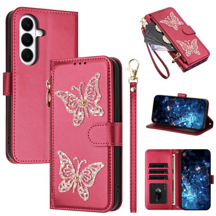 

For Galaxy S26+ 5G Glitter Butterfly Zipper Vegan Leather Phone Case with Wrist Strap(Rose Red)