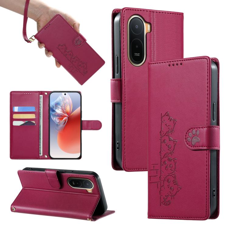 

For Redmi A7 Pro 171mm / Poco C85x 5G Cute Cats Magnetic Closure Vegan Leather Phone Case with Strap(Rose Red)