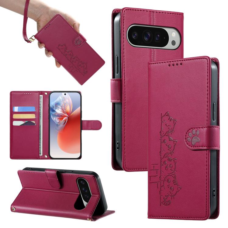 

For Google Pixel 11 Pro XL Cute Cats Magnetic Closure Vegan Leather Phone Case with Strap(Rose Red)