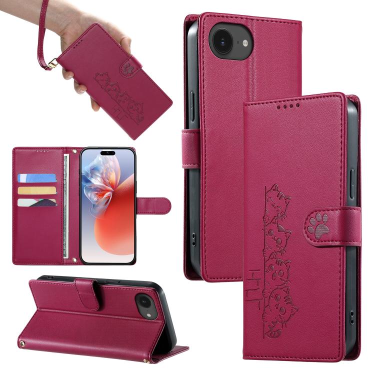 

For iPhone 17e / 16e Cute Cats Magnetic Closure Vegan Leather Phone Case with Strap(Rose Red)