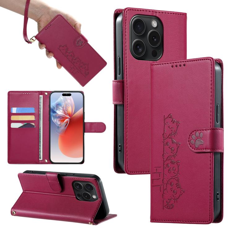 For iPhone 15 Pro Cute Cats Magnetic Closure Vegan Leather Phone Case with Strap(Rose Red)