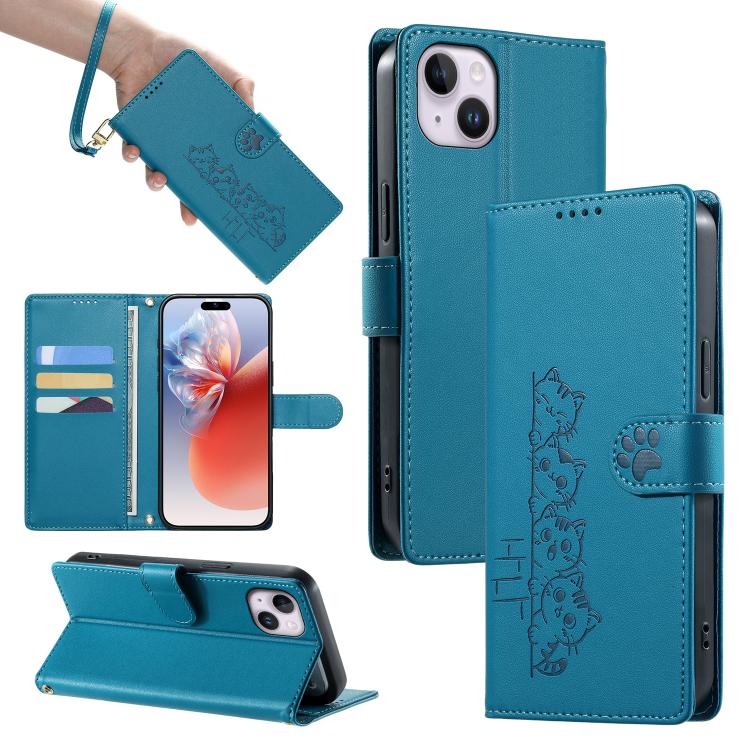 For iPhone 14 Plus Cute Cats Magnetic Closure Vegan Leather Phone Case with Strap(Blue)