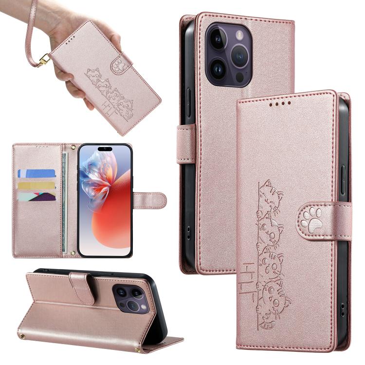 For iPhone 14 Pro Max Cute Cats Magnetic Closure Vegan Leather Phone Case with Strap(Rose Gold)