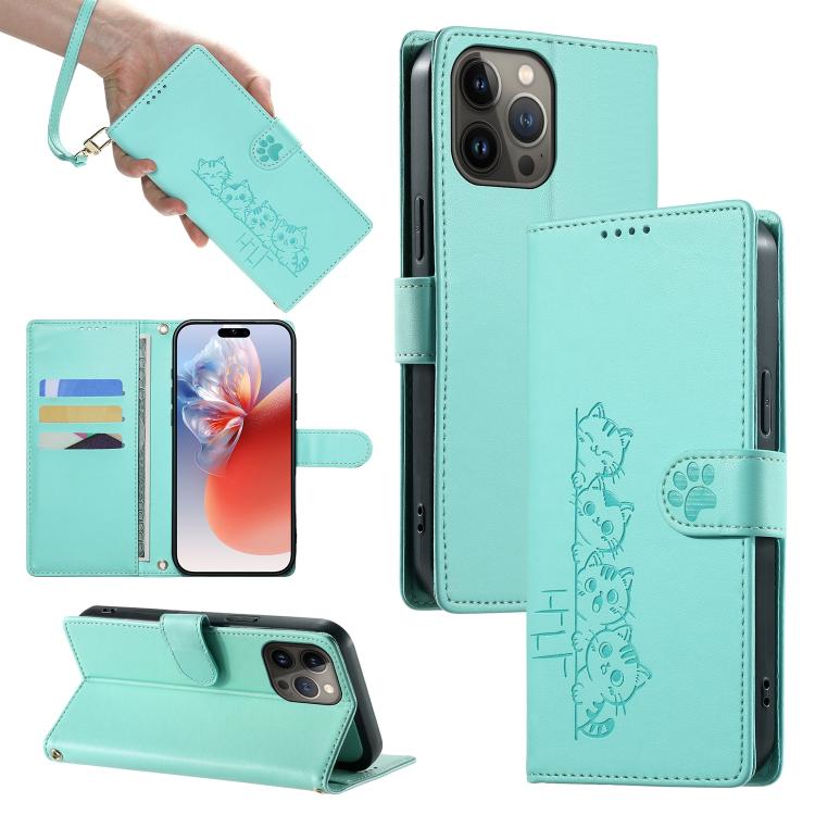 For iPhone 13 Pro Max Cute Cats Magnetic Closure Vegan Leather Phone Case with Strap(Green)