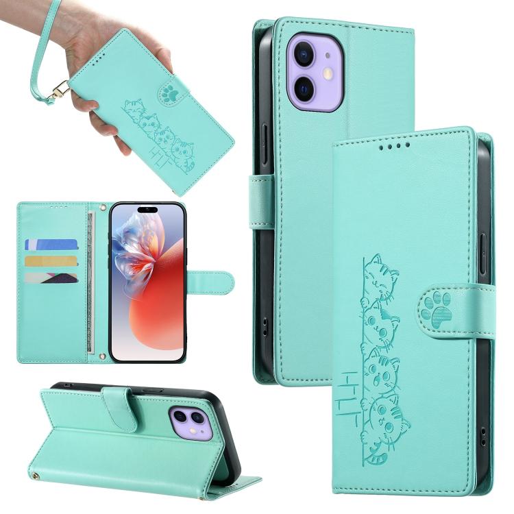 For iPhone 12 / 12 Pro Cute Cats Magnetic Closure Vegan Leather Phone Case with Strap(Green)