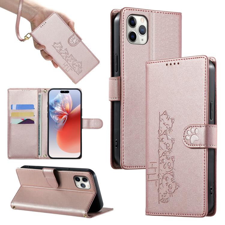 For iPhone 11 Pro Max Cute Cats Magnetic Closure Vegan Leather Phone Case with Strap(Rose Gold)
