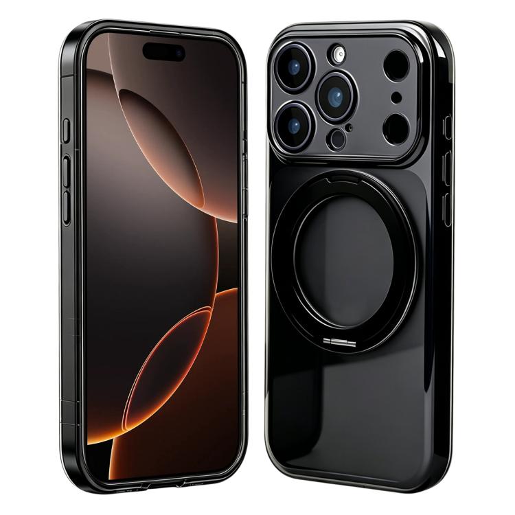For iPhone 16 Pro Max Change to 17 Pro Silicone Magnetic Phone Case with 360 Degrees Rotating Holder(Black)