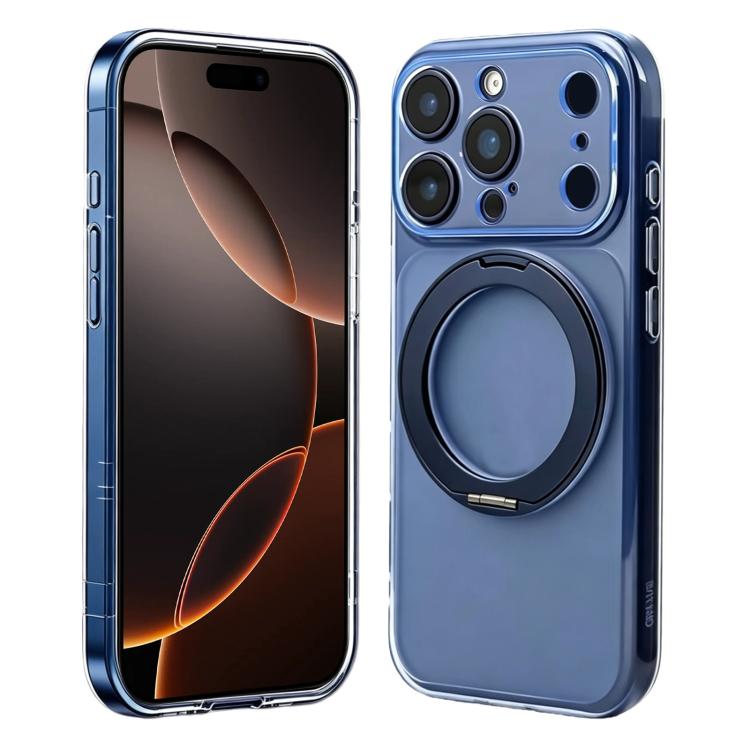 For iPhone 16 Pro Change to 17 Pro Silicone Magnetic Phone Case with 360 Degrees Rotating Holder(Blue)
