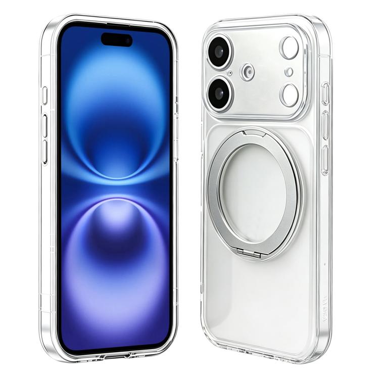 

For iPhone 16 Plus Change to 17 Pro Silicone Magnetic Phone Case with 360 Degrees Rotating Holder(Transparent)