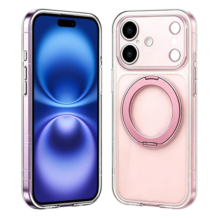 For iPhone 16 Change to 17 Pro Silicone Magnetic Phone Case with 360 Degrees Rotating Holder(Pink)