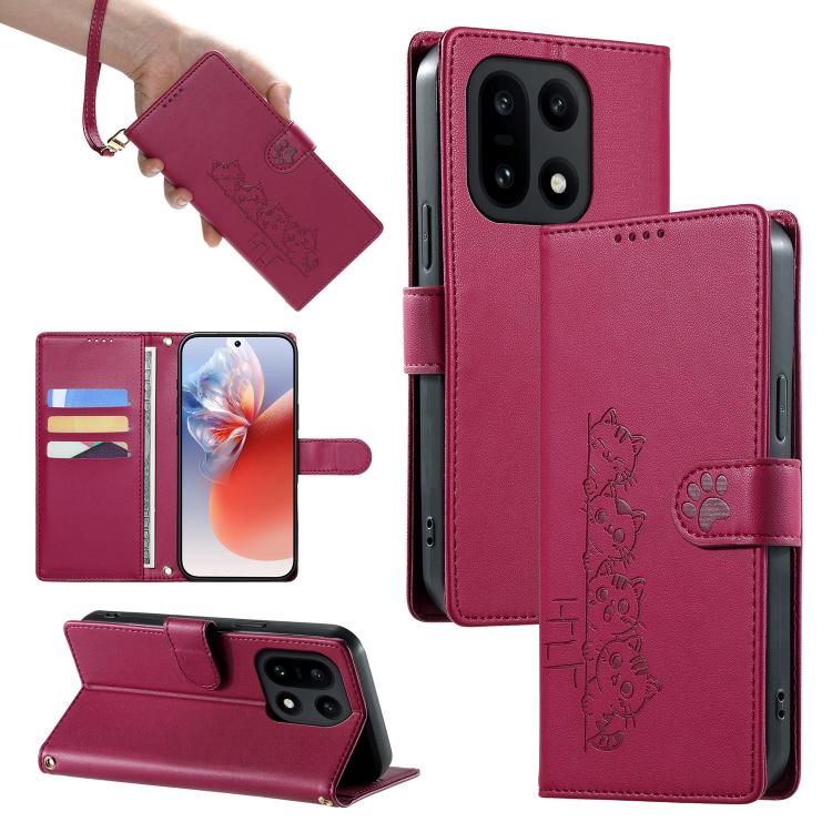For OnePlus 15 Cute Cats Magnetic Closure Vegan Leather Phone Case with Strap(Rose Red)