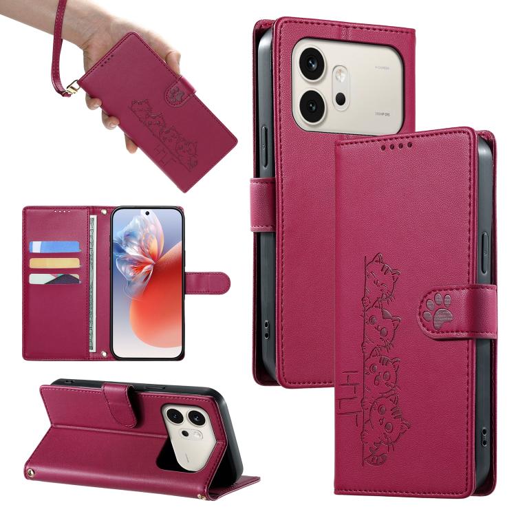 For Honor 600 Global Cute Cats Magnetic Closure Vegan Leather Phone Case with Strap(Rose Red)