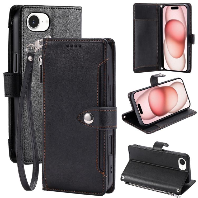

For iPhone 17e / 16e Litchi Texture Zipper Wallet Buckle Vegan Leather Phone Case with Wrist Strap(Black)