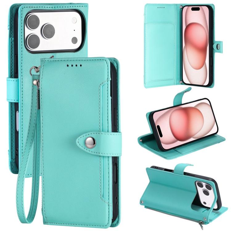 For iPhone 17 Pro Max Litchi Texture Zipper Wallet Buckle Vegan Leather Phone Case with Wrist Strap(Lake Blue)