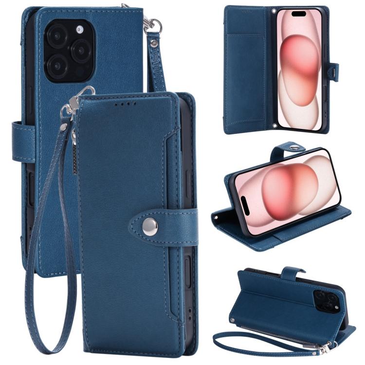 For iPhone 16 Pro Max Litchi Texture Zipper Wallet Buckle Vegan Leather Phone Case with Wrist Strap(Blue)