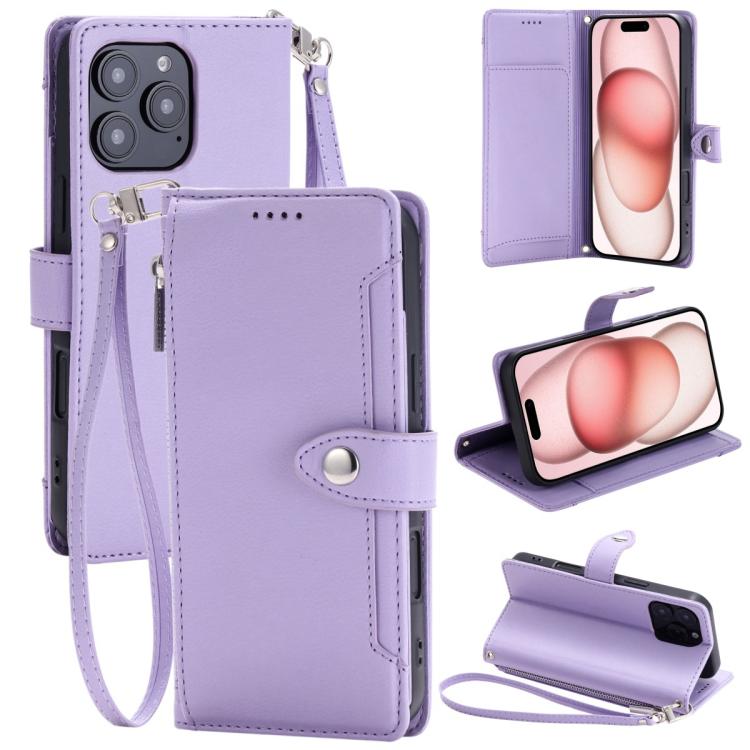 

For iPhone 16 Pro Litchi Texture Zipper Wallet Buckle Vegan Leather Phone Case with Wrist Strap(Purple)