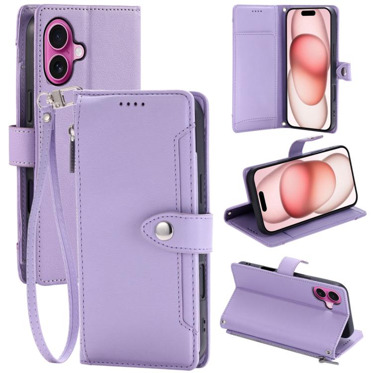 

For iPhone 16 Plus Litchi Texture Zipper Wallet Buckle Vegan Leather Phone Case with Wrist Strap(Purple)