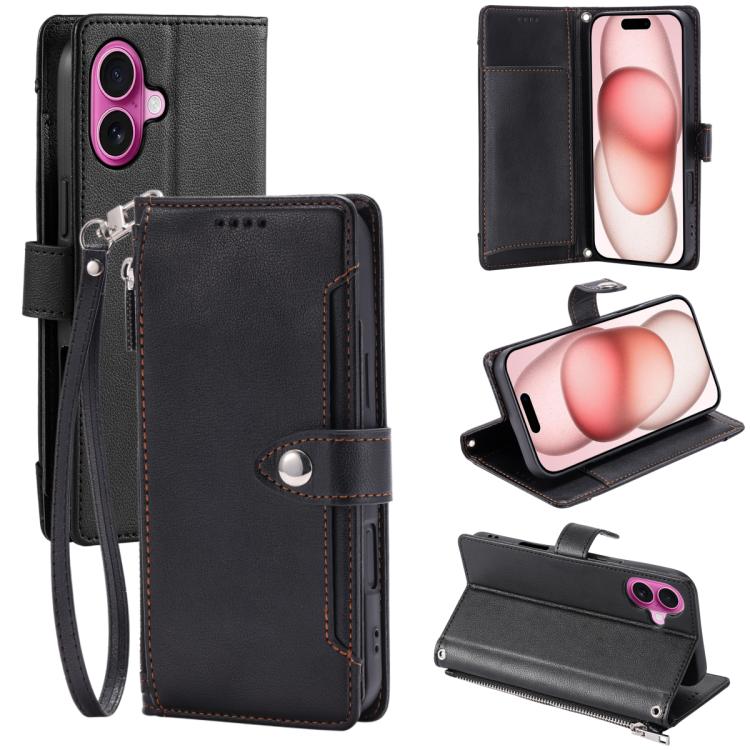 For iPhone 16 Litchi Texture Zipper Wallet Buckle Vegan Leather Phone Case with Wrist Strap(Black)