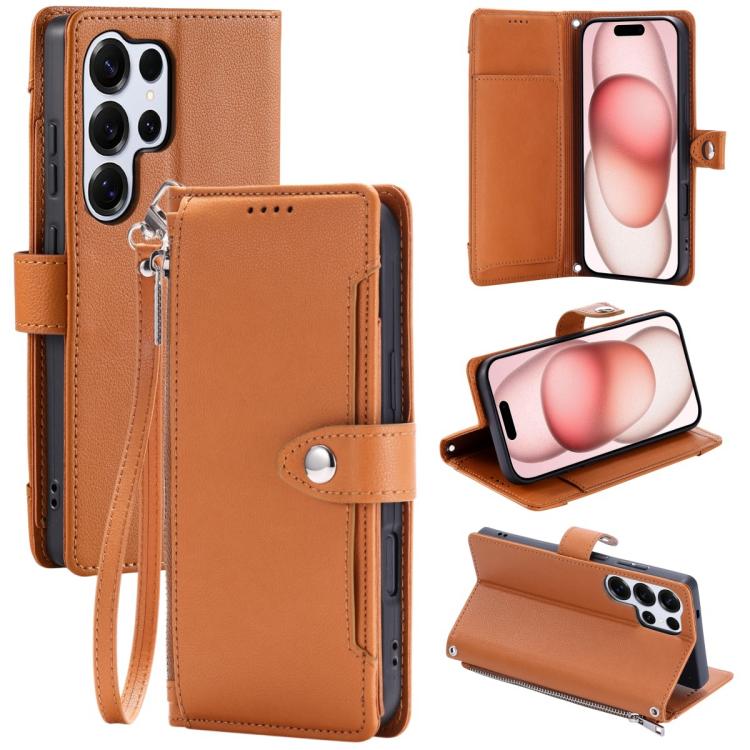 For Galaxy S26 Ultra 5G Litchi Texture Zipper Wallet Buckle Vegan Leather Phone Case with Wrist Strap(Brown)