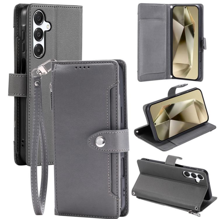 For Galaxy S26 5G Litchi Texture Zipper Wallet Buckle Vegan Leather Phone Case with Wrist Strap(Grey)