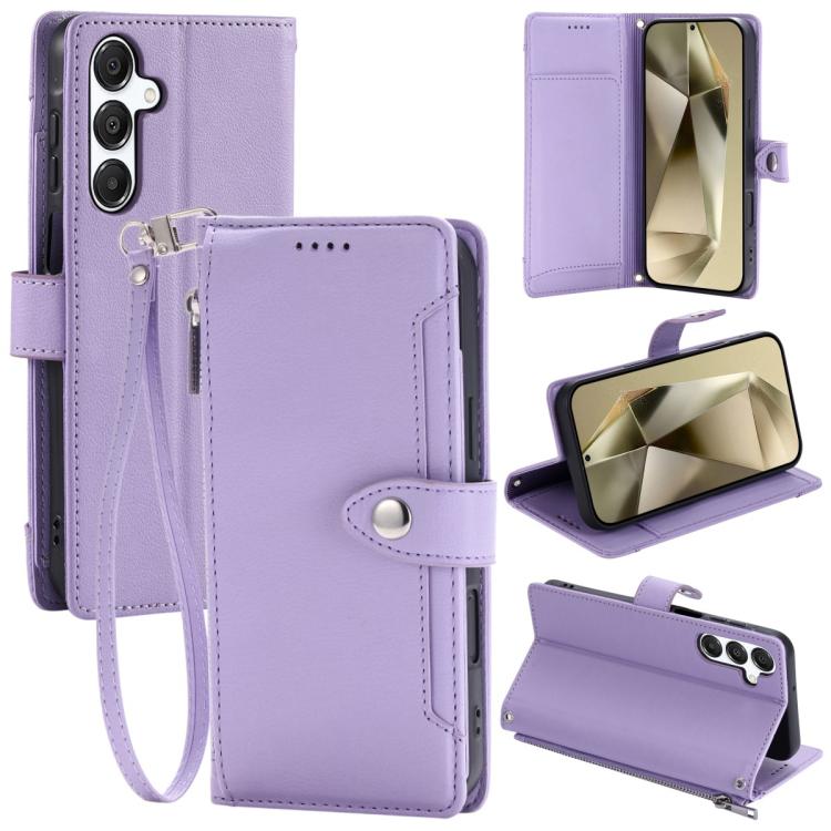 

For Galaxy S25 FE 5G Litchi Texture Zipper Wallet Buckle Vegan Leather Phone Case with Wrist Strap(Purple)