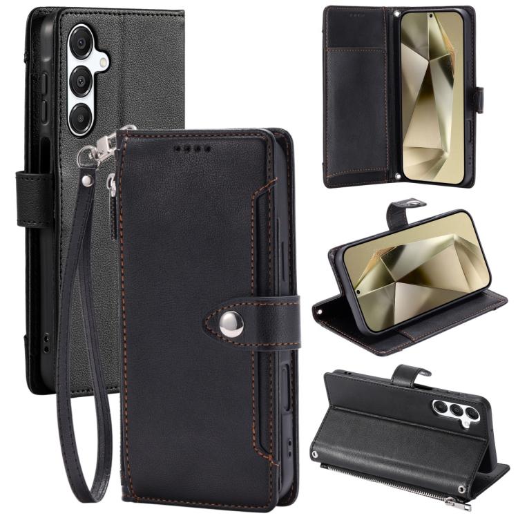 For Galaxy S25 5G Litchi Texture Zipper Wallet Buckle Vegan Leather Phone Case with Wrist Strap(Black)