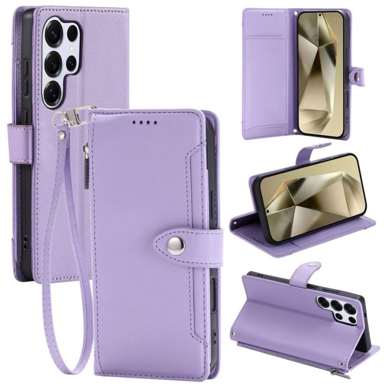 For Galaxy S25 Ultra 5G Litchi Texture Zipper Wallet Buckle Vegan Leather Phone Case with Wrist Strap(Purple)