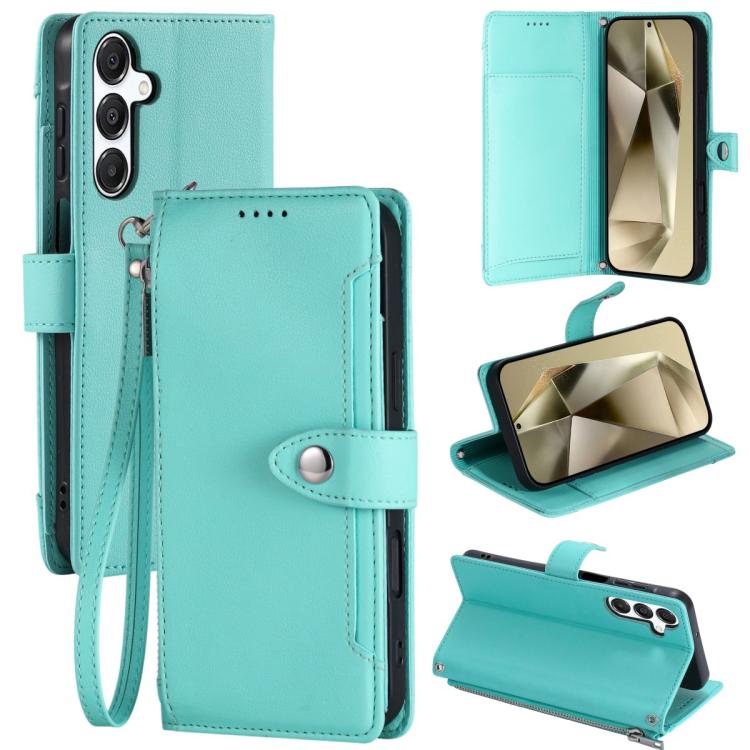 For Galaxy S24 FE 5G Litchi Texture Zipper Wallet Buckle Vegan Leather Phone Case with Wrist Strap(Lake Blue)