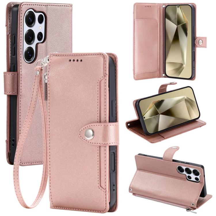For Galaxy S24 Ultra 5G Litchi Texture Zipper Wallet Buckle Vegan Leather Phone Case with Wrist Strap(Rose Gold)