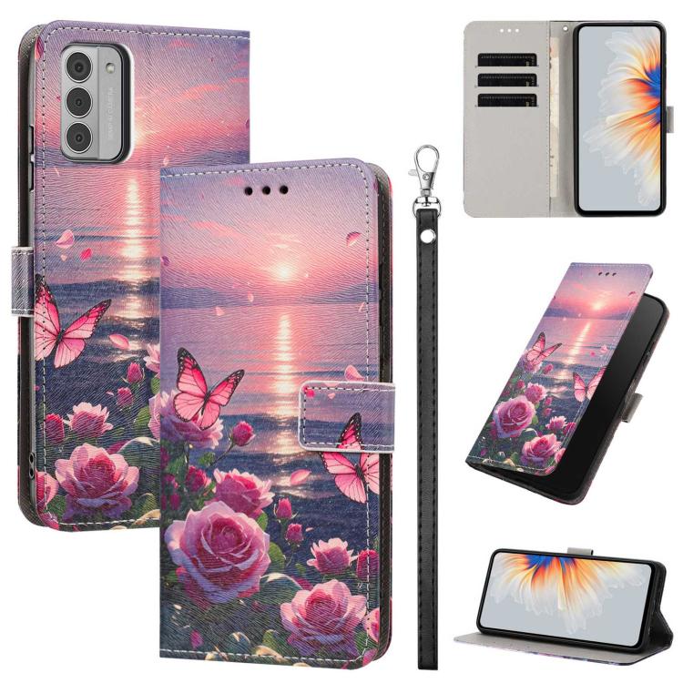 

For Nokia G42 / G310 Painted Pattern Vegan Leather Phone Case with Strap(Rose Butterfly)