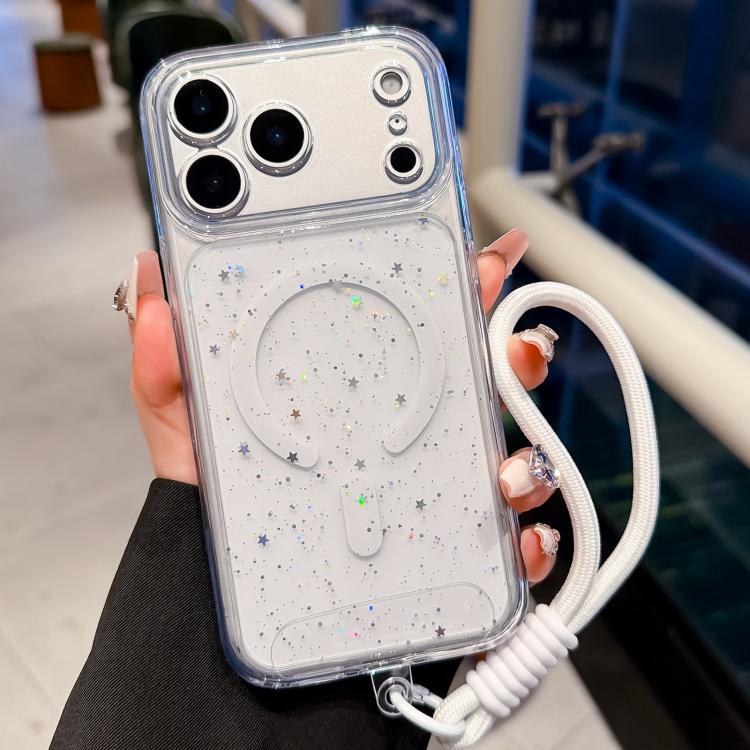 

For iPhone 17 Pro Max Precise Hole Shockproof Gradient Epoxy Magnetic Phone Case With Lanyard(White)