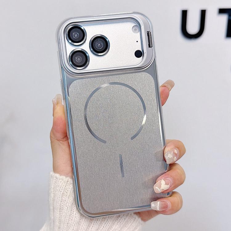 For iPhone 17 Pro Brushed Magnetic Phone Case with Lens Frame Holder & Lens Film(Silver)