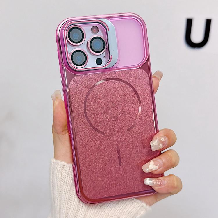 

For iPhone 16 Pro Max Brushed Magnetic Phone Case with Lens Frame Holder & Lens Film(Pink)