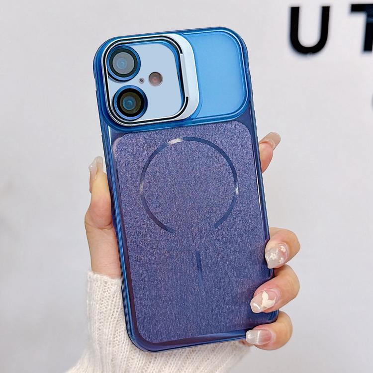 

For iPhone 16 Plus Brushed Magnetic Phone Case with Lens Frame Holder & Lens Film(Blue)