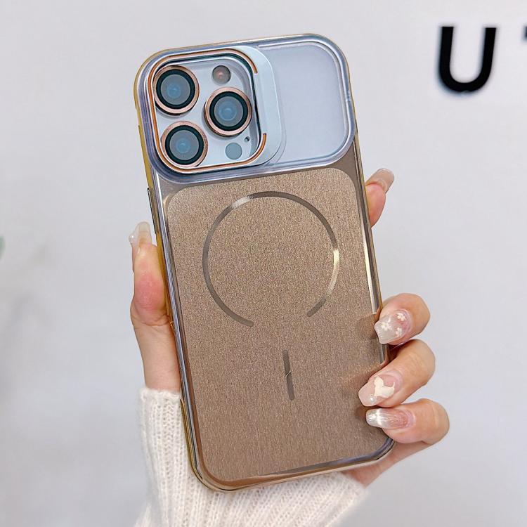 For iPhone 15 Pro Max Brushed Magnetic Phone Case with Lens Frame Holder & Lens Film(Desert Gold)