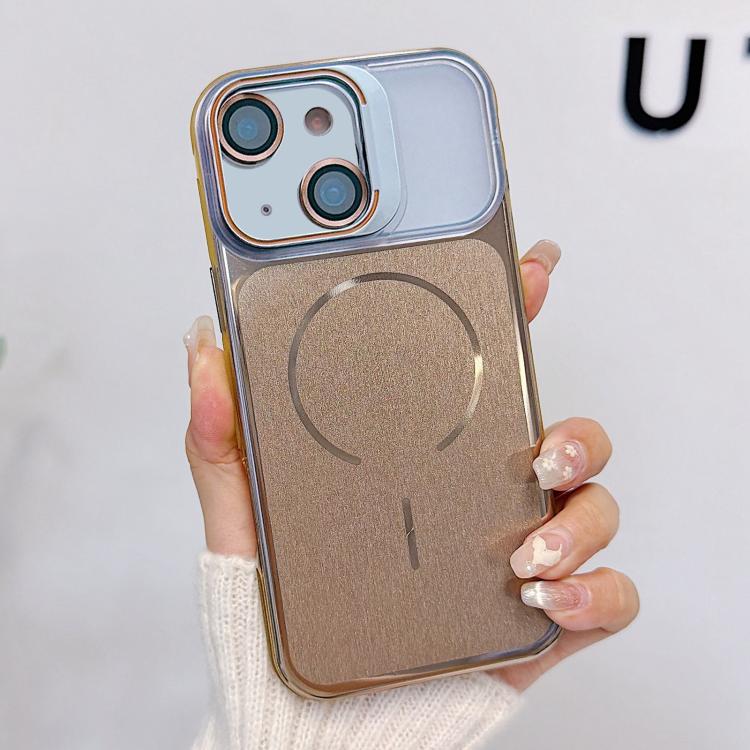 For iPhone 14 Brushed Magnetic Phone Case with Lens Frame Holder & Lens Film(Desert Gold)