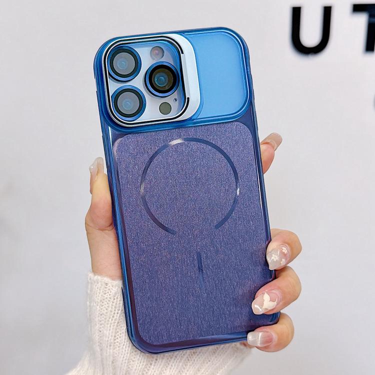 

For iPhone 12 Pro Max Brushed Magnetic Phone Case with Lens Frame Holder & Lens Film(Blue)