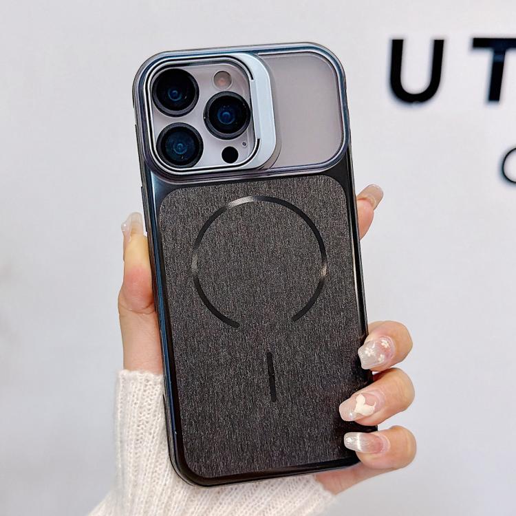 For iPhone 12 Pro Brushed Magnetic Phone Case with Lens Frame Holder & Lens Film(Black)