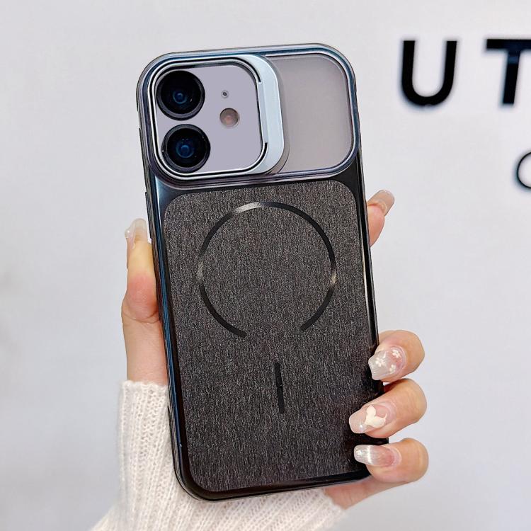For iPhone 11 Brushed Magnetic Phone Case with Lens Frame Holder & Lens Film(Black)