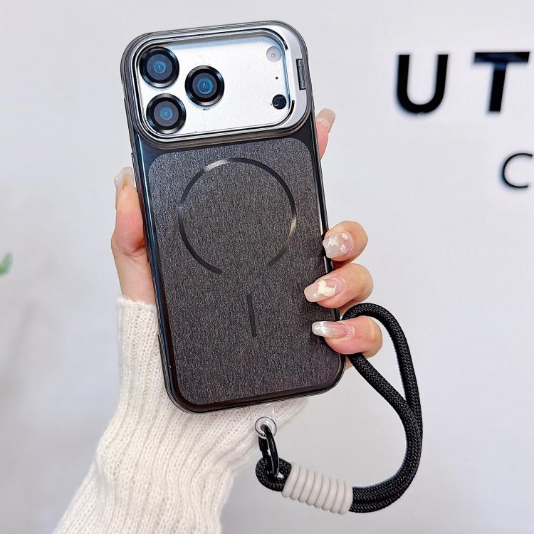 For iPhone 17 Pro Max Brushed Magnetic Phone Case with Lens Frame Holder & Wrist Strap & Lens Film(Black)