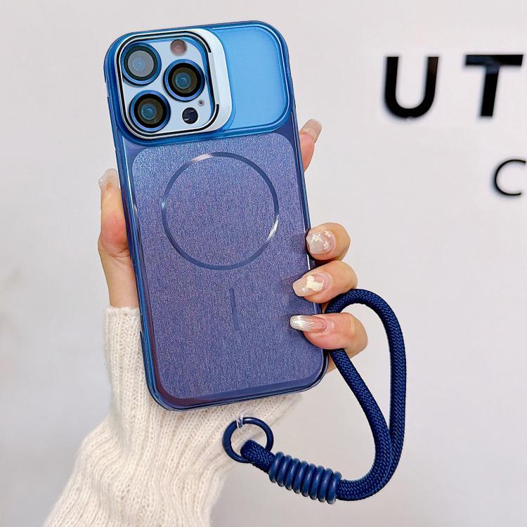 

For iPhone 16 Pro Brushed Magnetic Phone Case with Lens Frame Holder & Wrist Strap & Lens Film(Blue)