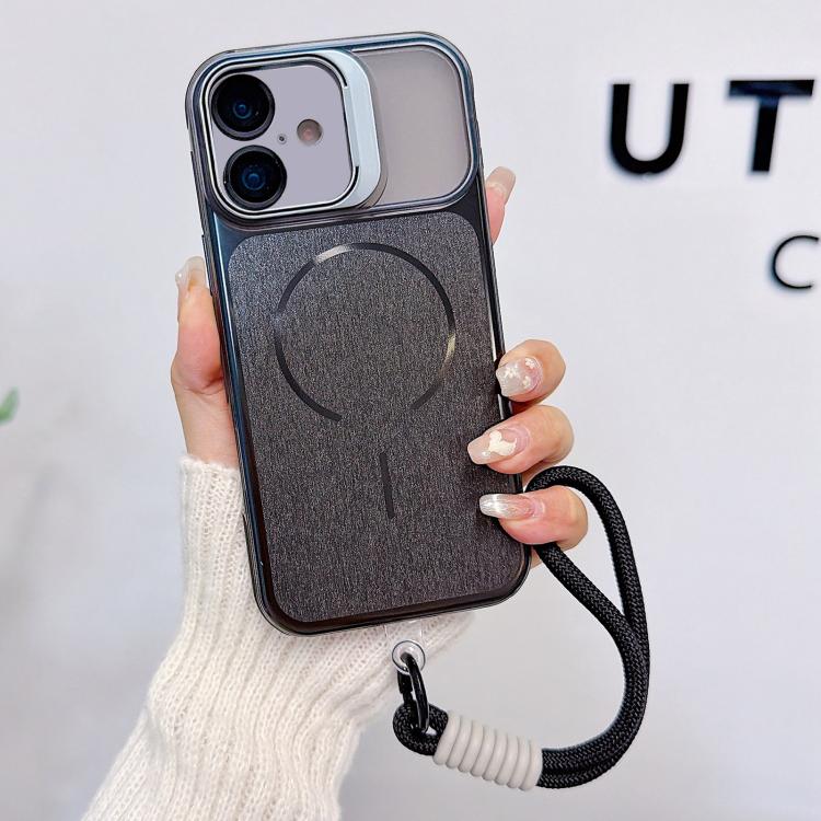 For iPhone 16 Plus Brushed Magnetic Phone Case with Lens Frame Holder & Wrist Strap & Lens Film(Black)