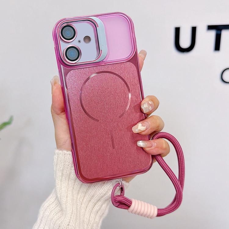 For iPhone 16 Brushed Magnetic Phone Case with Lens Frame Holder & Wrist Strap & Lens Film(Pink)