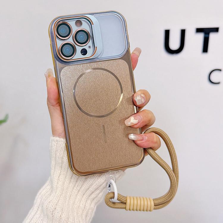 For iPhone 15 Pro Max Brushed Magnetic Phone Case with Lens Frame Holder & Wrist Strap & Lens Film(Desert Gold)