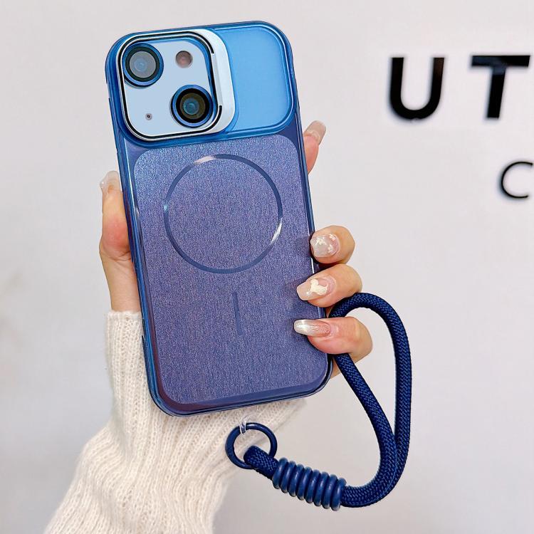 For iPhone 15 Brushed Magnetic Phone Case with Lens Frame Holder & Wrist Strap & Lens Film(Blue)