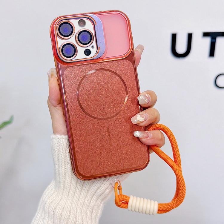 

For iPhone 13 Pro Max Brushed Magnetic Phone Case with Lens Frame Holder & Wrist Strap & Lens Film(Orange)