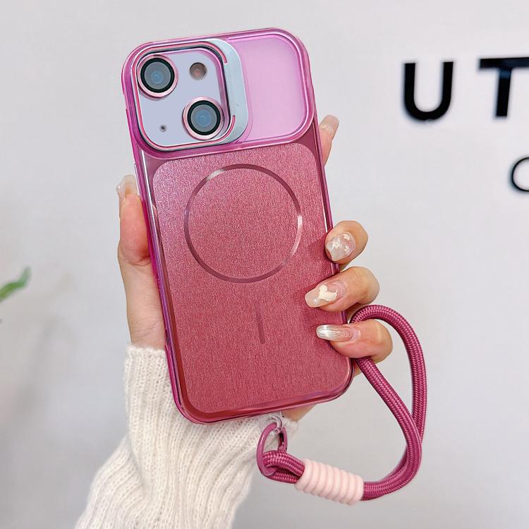 

For iPhone 13 Brushed Magnetic Phone Case with Lens Frame Holder & Wrist Strap & Lens Film(Pink)
