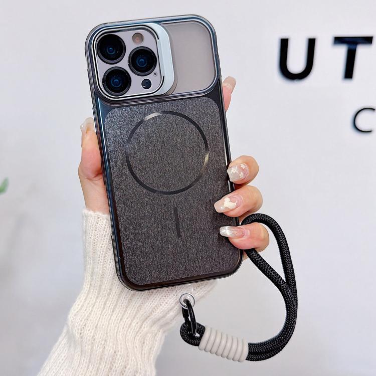 For iPhone 12 Pro Max Brushed Magnetic Phone Case with Lens Frame Holder & Wrist Strap & Lens Film(Black)